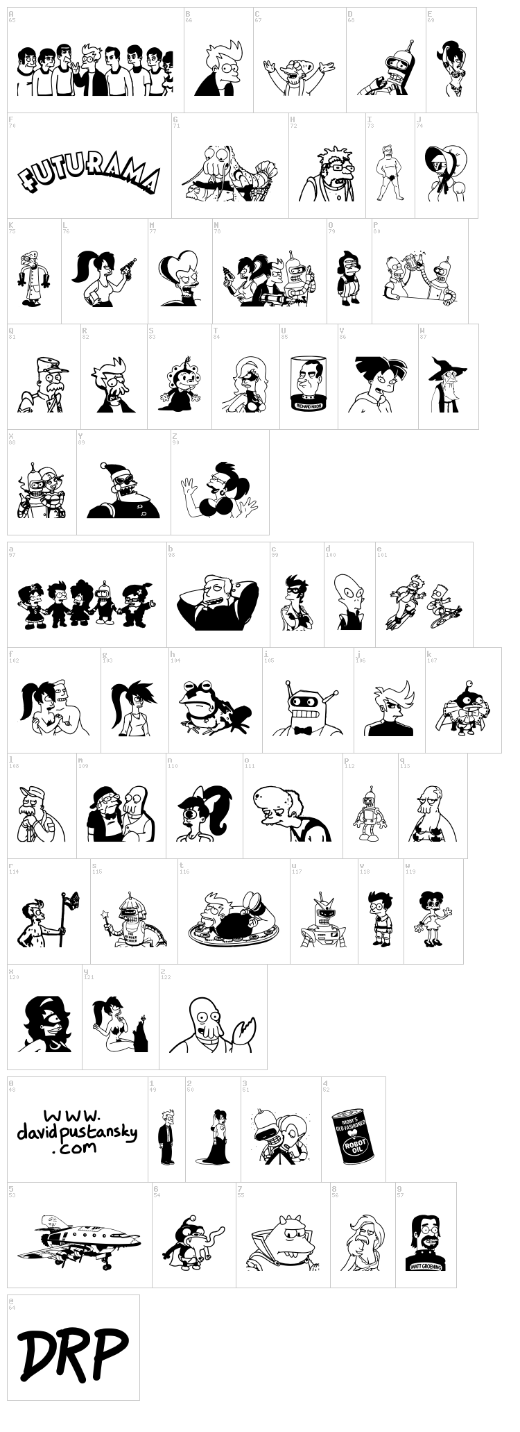 Futurama All Hail The Hypnotoad font map